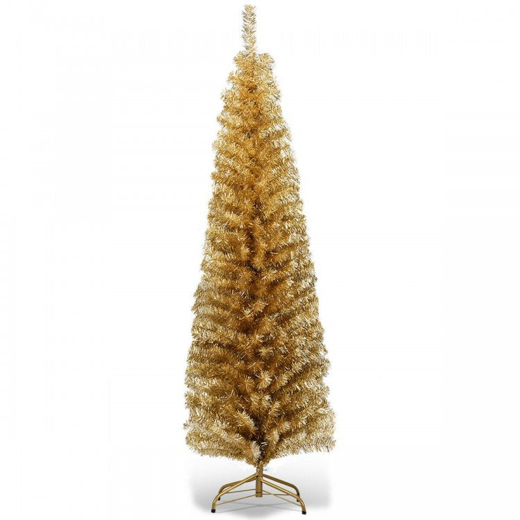 6 Feet Tinsel Tree Unlit Slim Pencil Christmas Tree-Champagne