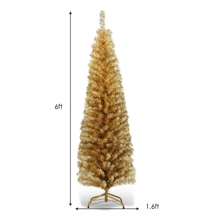 6 Feet Tinsel Tree Unlit Slim Pencil Christmas Tree-Champagne