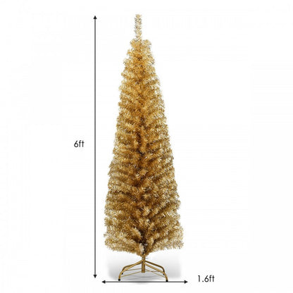 6 Feet Tinsel Tree Unlit Slim Pencil Christmas Tree-Champagne