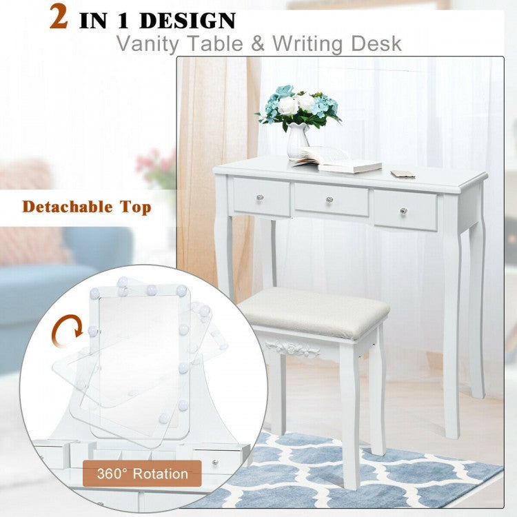 10 Dimmable Light Bulbs Vanity Dressing Table with 2 Dividers and Cushioned Stool