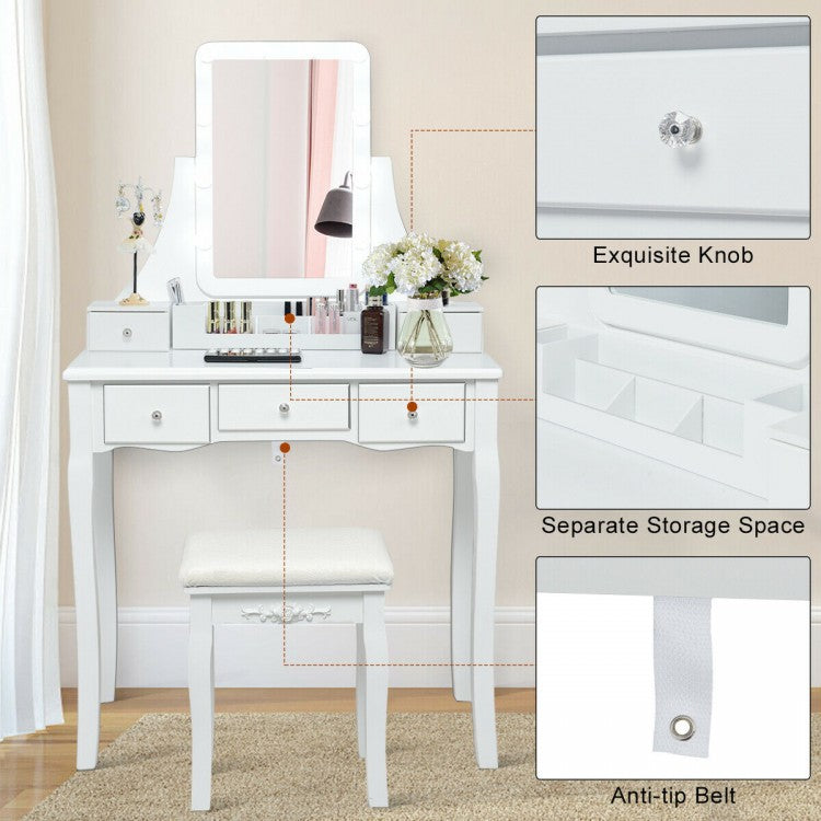 10 Dimmable Light Bulbs Vanity Dressing Table with 2 Dividers and Cushioned Stool