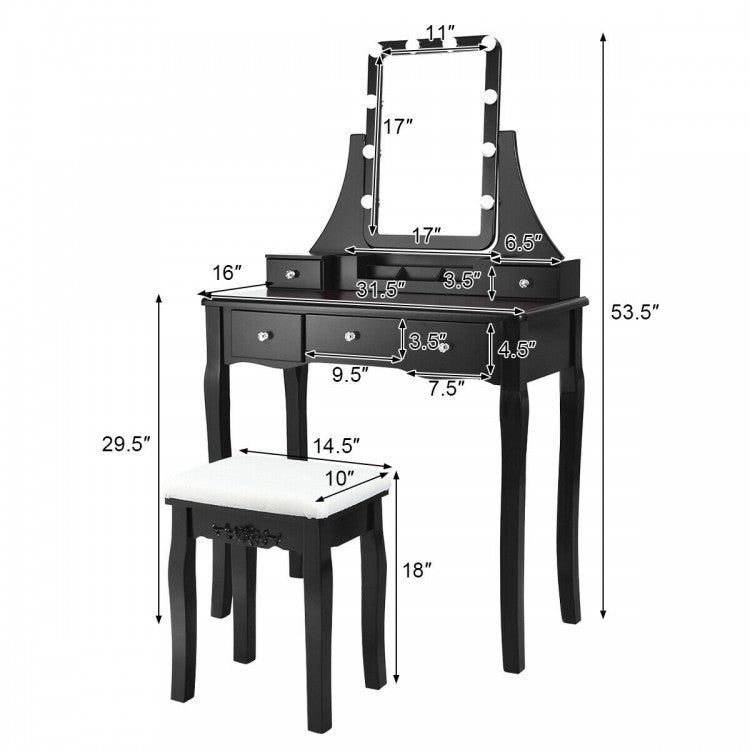 10 Dimmable Light Bulbs Vanity Dressing Table with 2 Dividers and Cushioned Stool