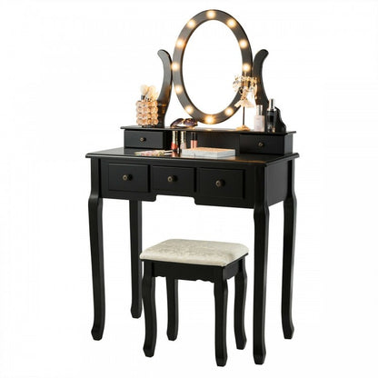 5 Drawers Vanity Dressing Table Stool Set with 12 LED Bulbs