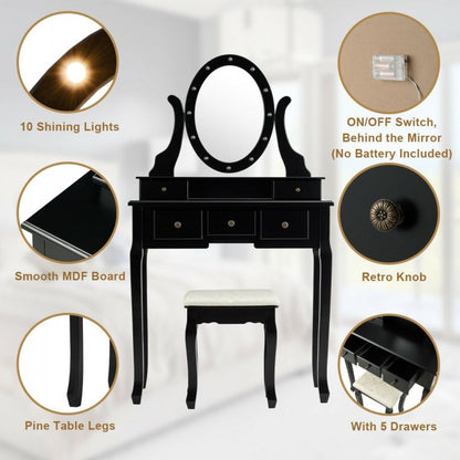 5 Drawers Vanity Dressing Table Stool Set with 12 LED Bulbs