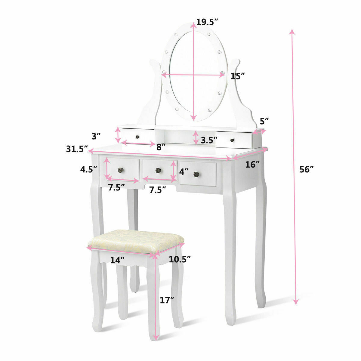 Ensemble de coiffeuse à 5 tiroirs avec tabouret et 12 ampoules LED