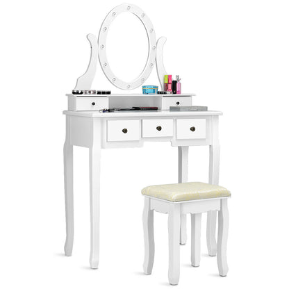 5 Drawers Vanity Dressing Table Stool Set with 12 LED Bulbs