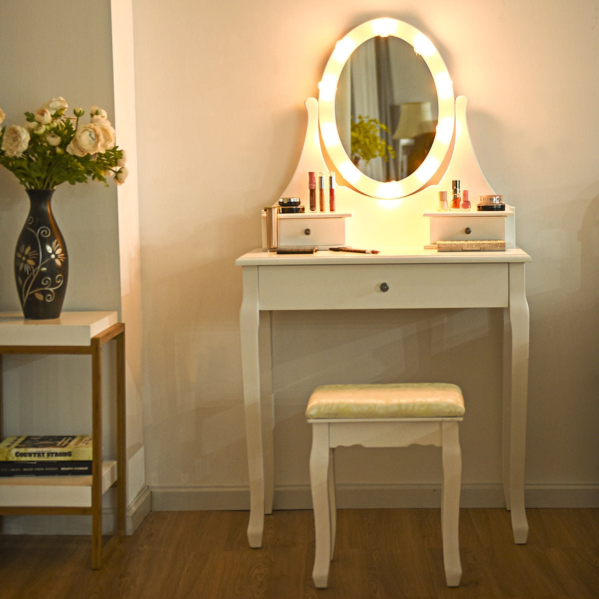 Ensemble de coiffeuse avec miroir éclairé à 3 tiroirs et tabouret