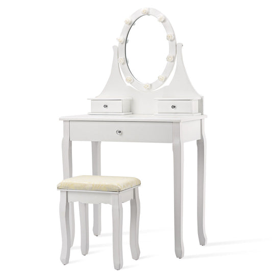 3 Drawers Lighted Mirror Vanity Makeup Dressing Table Stool Set