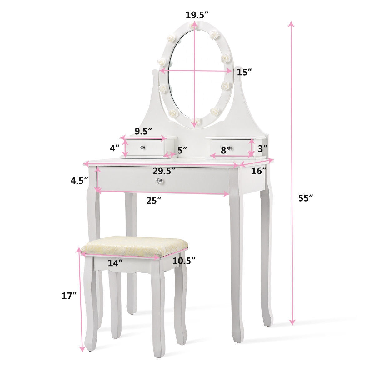 Ensemble de coiffeuse avec miroir éclairé à 3 tiroirs et tabouret