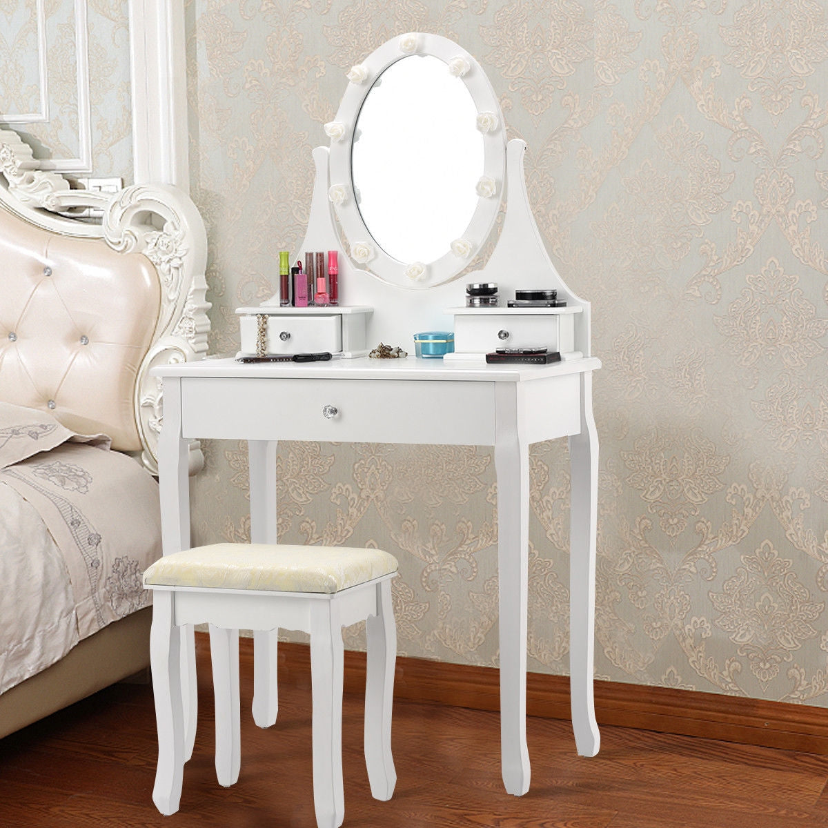 3 Drawers Lighted Mirror Vanity Makeup Dressing Table Stool Set