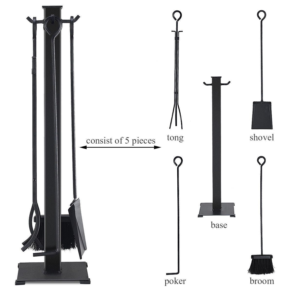 5 Pieces Fireplace Iron Fire Place Tool Set