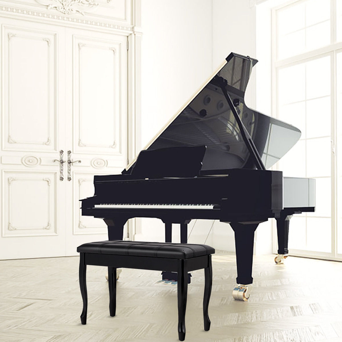 Banc de piano en bois massif et cuir PU avec rangement