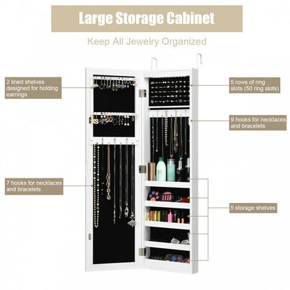 Wall And Door Mirrored Jewelry Cabinet With LED Light