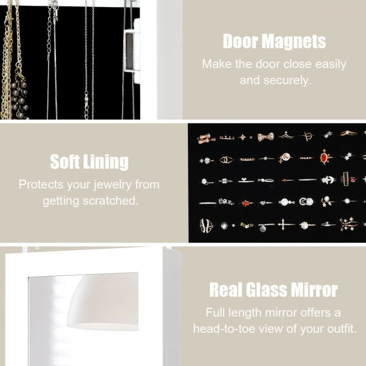 Wall And Door Mirrored Jewelry Cabinet With LED Light