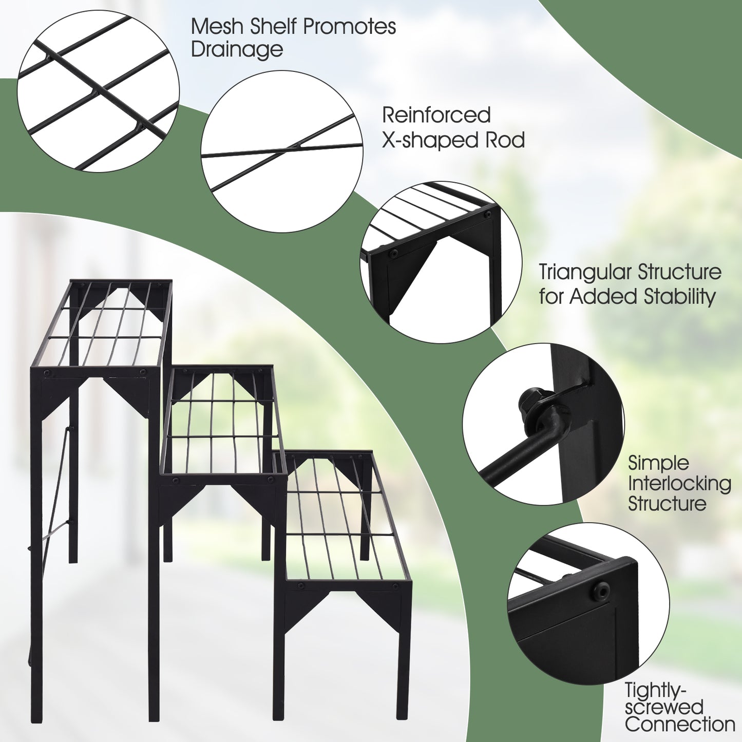 Support d'affichage de plantes multiples en métal robuste à 3 niveaux pour extérieur