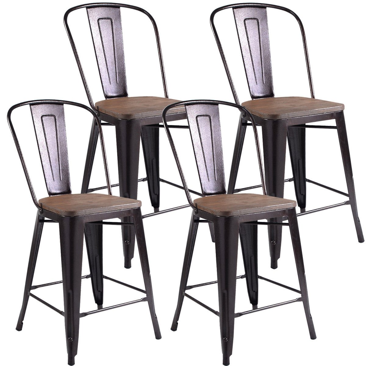 Set of 4 Industrial Metal Counter Stool Dining Chairs with Removable Backrests-Cooper