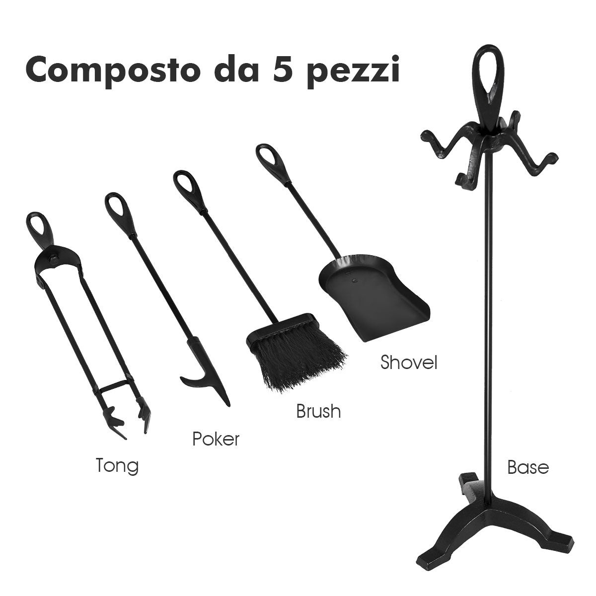 Ensemble d'outils de cheminée compacts en fer forgé robuste et rustique de 5 pièces