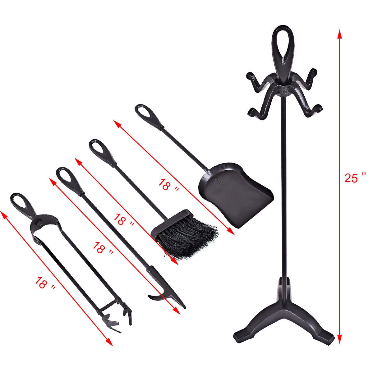 Ensemble d'outils de cheminée compacts en fer forgé robuste et rustique de 5 pièces