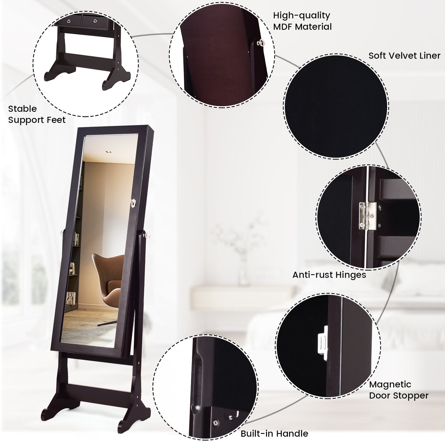 Lockable Mirrored Jewelry Cabinet with Stand and Led Lights-Brown