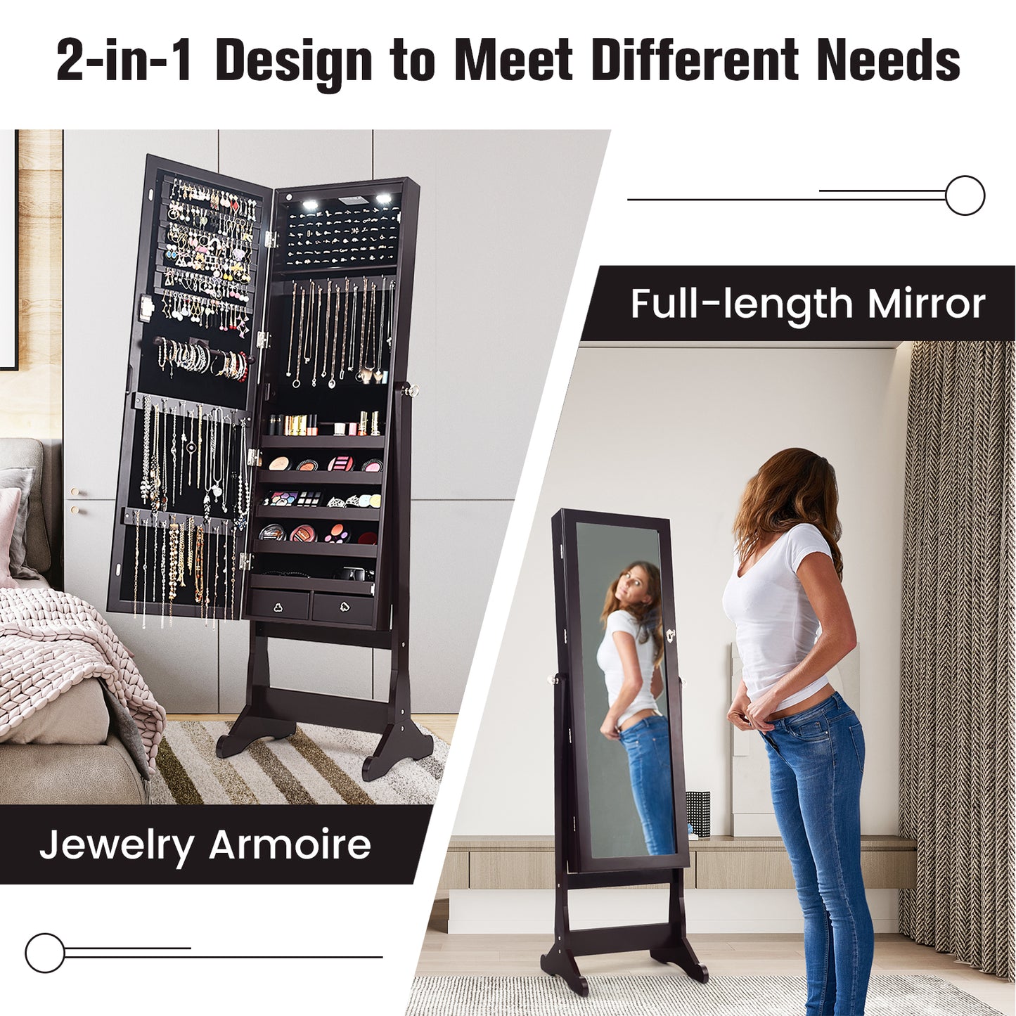 Lockable Mirrored Jewelry Cabinet with Stand and Led Lights-Brown