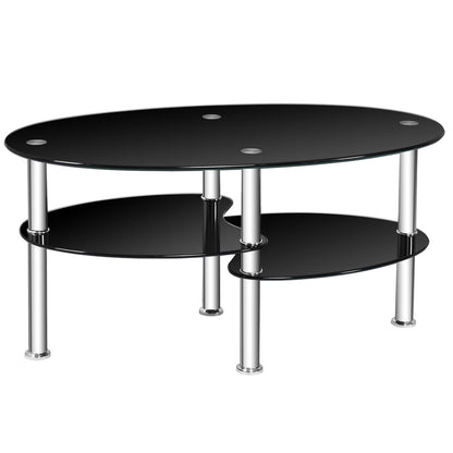 Tempered Glass Oval Side Coffee Table-Black