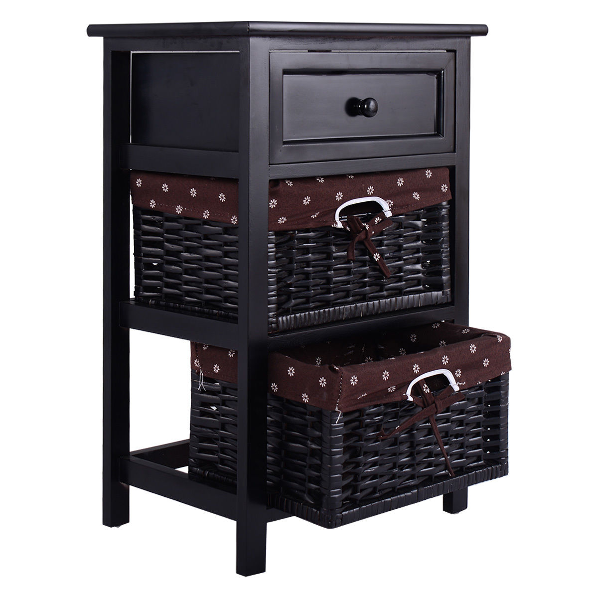 3 Tiers Wooden Storage Nightstand with 2 Baskets and 1 Drawer-black