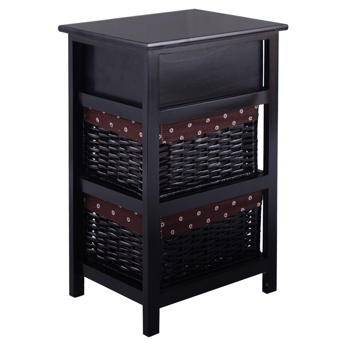 3 Tiers Wooden Storage Nightstand with 2 Baskets and 1 Drawer-black