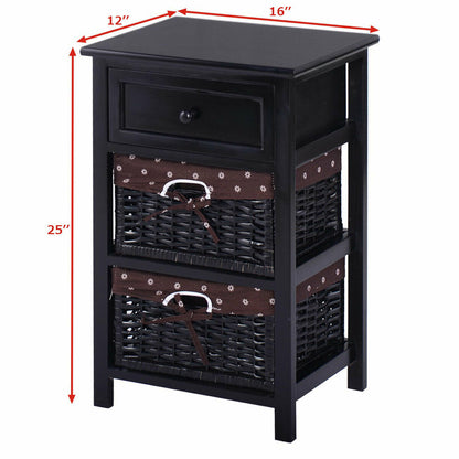 3 Tiers Wooden Storage Nightstand with 2 Baskets and 1 Drawer-black