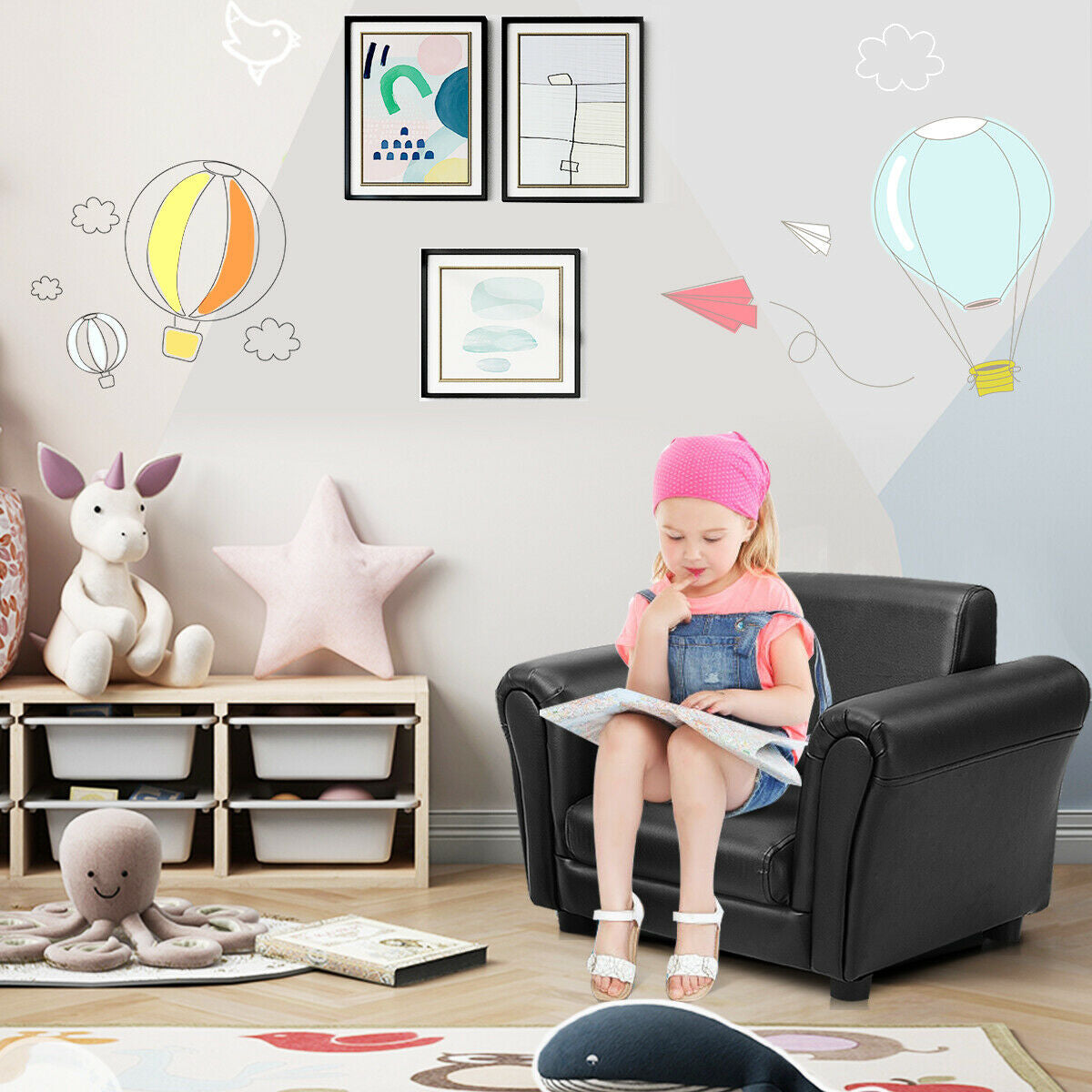 Canapé-lit simple avec accoudoir et pouf pour enfants noir