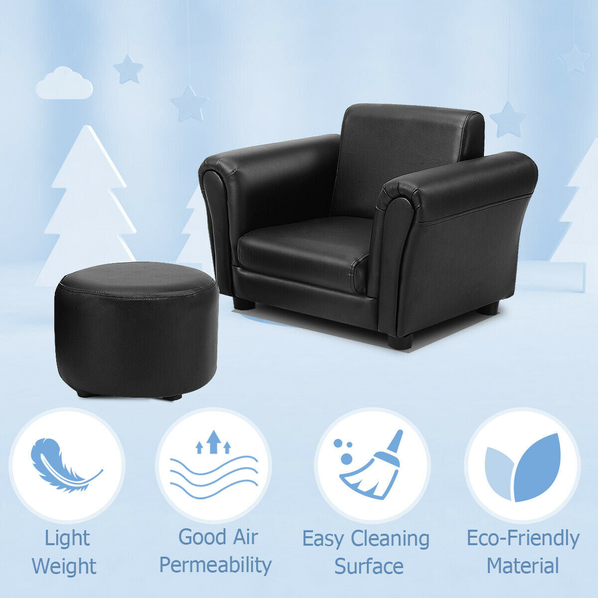 Canapé-lit simple avec accoudoir et pouf pour enfants noir