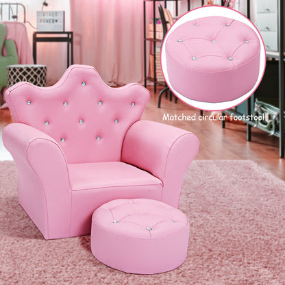 Children Upholstered Princess Sofa with Ottoman and Diamond Decoration for Boys and Girls