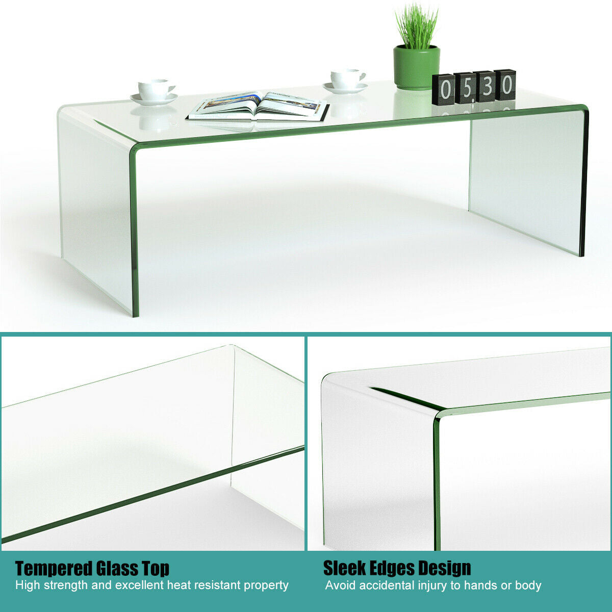 42 x 19.7 Inch Clear Tempered Glass Coffee Table with Rounded Edges