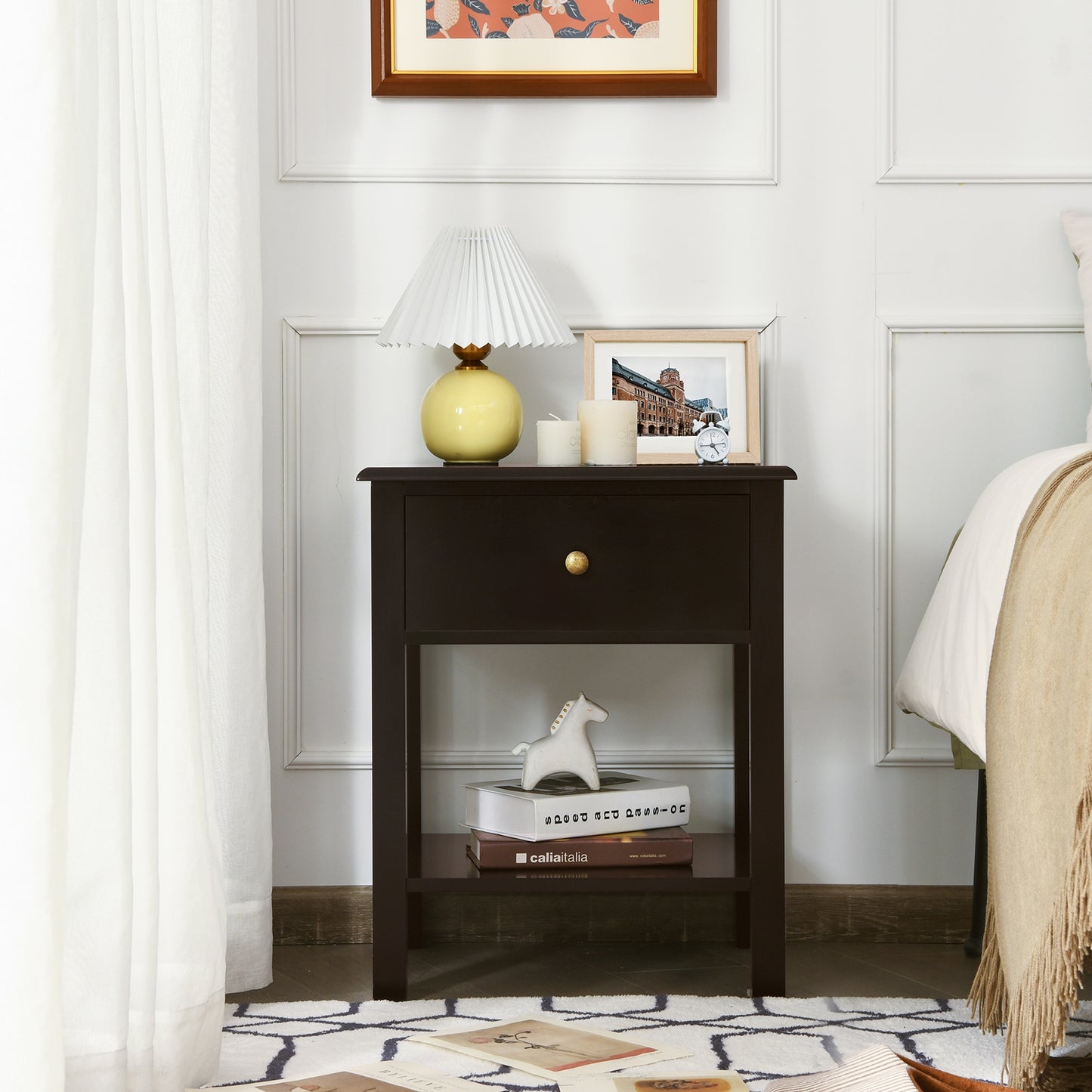 Nightstand End Table with Drawer and Shelf-Brown