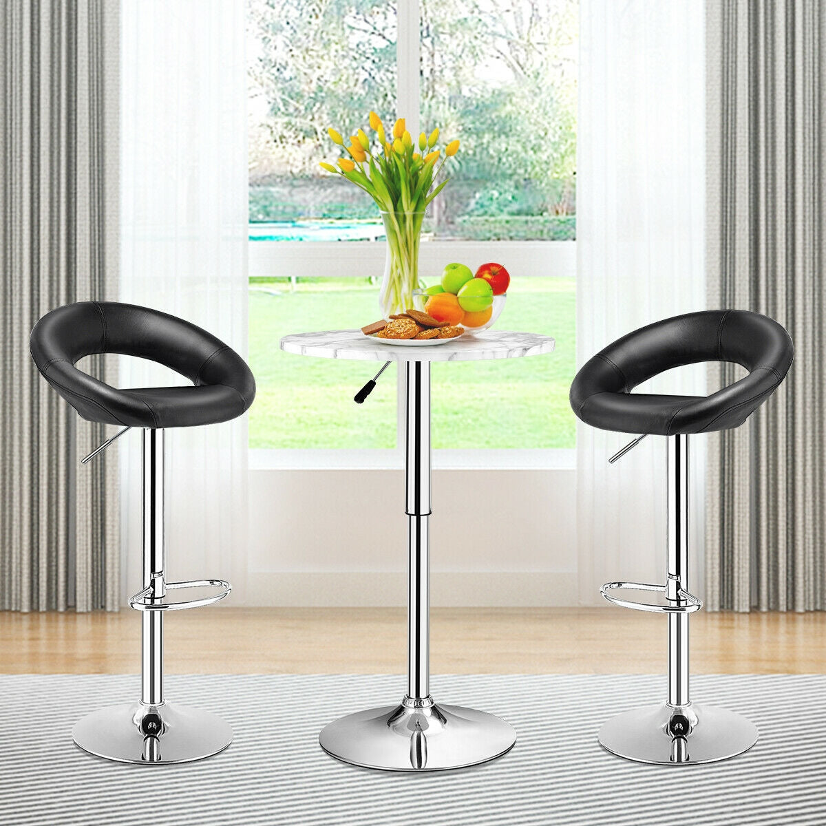 Set Of 2 Bar Stools Adjustable PU Leather Barstools Swivel Pub Chairs-Black