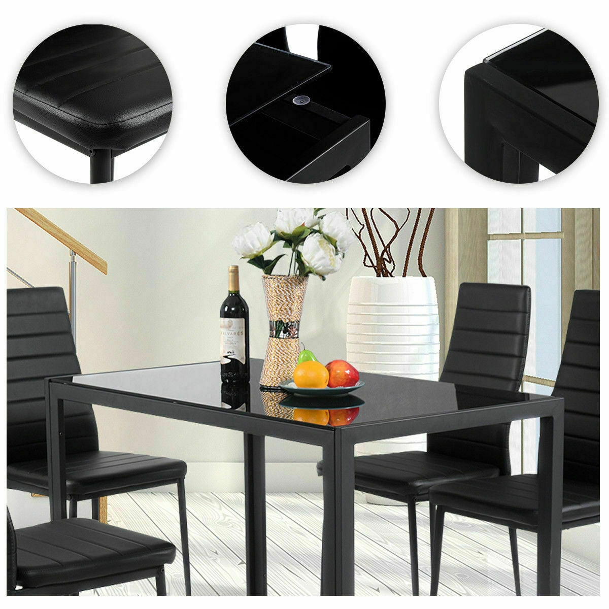 5 Pieces Metal Frame and Glass Tabletop Dining Set