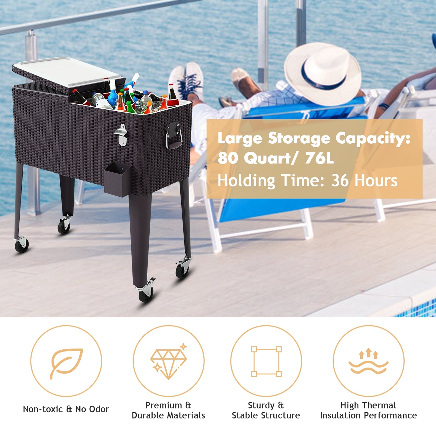 80QT Outdoor Party Portable Rattan Rolling Cooler Cart