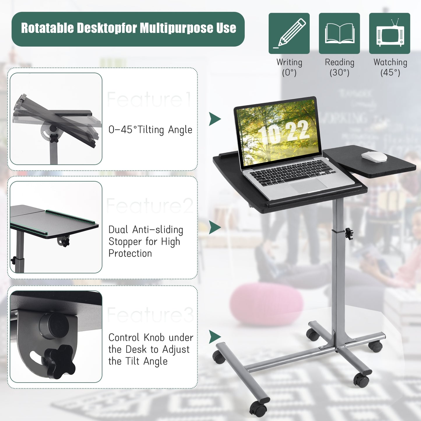 Table roulante pour ordinateur portable à angle réglable en hauteur