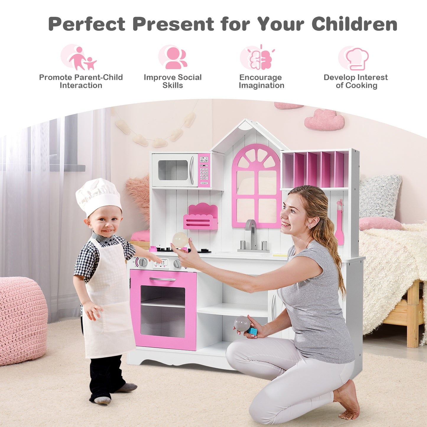 Wood Toy Kitchen Kids Cooking Pretend Play Set