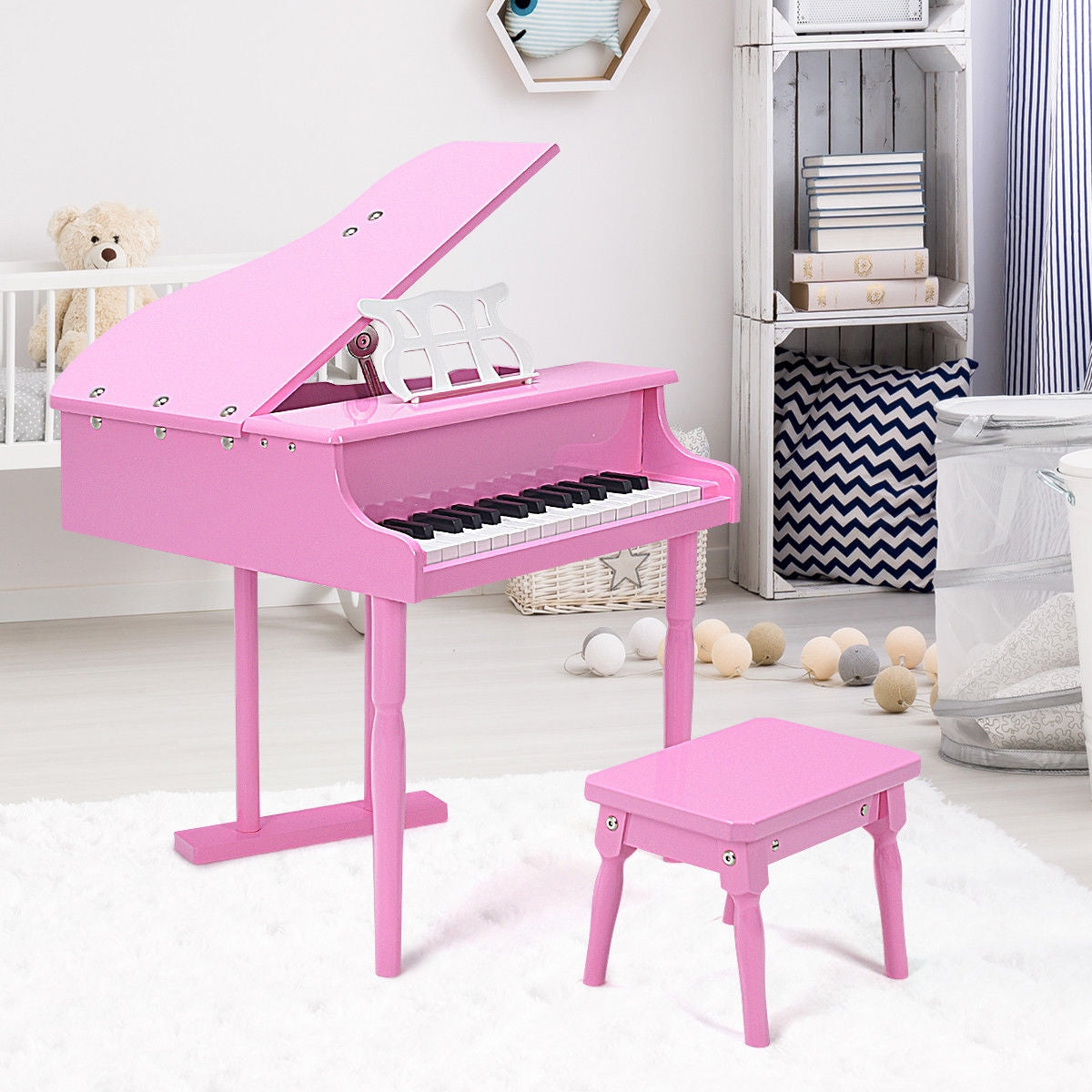 Mini piano à queue 30 touches pour enfants avec banc - Rose