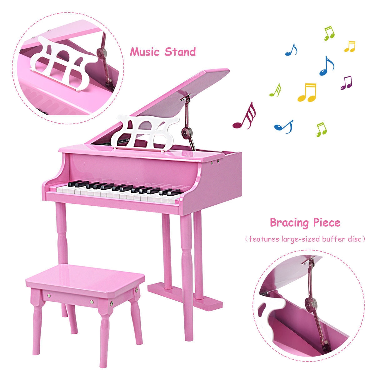 Musical Instrument Toy 30-Key Children Mini Grand Piano with Bench-Pink