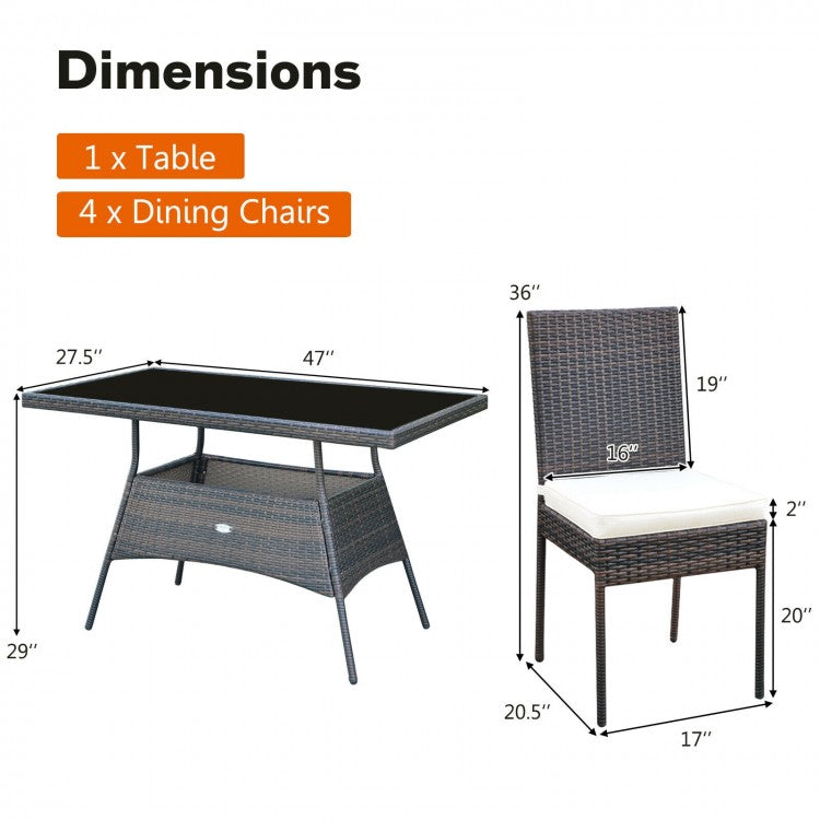 Ensemble de salle à manger d'extérieur en rotin 5 pièces avec plateau en verre et coussins