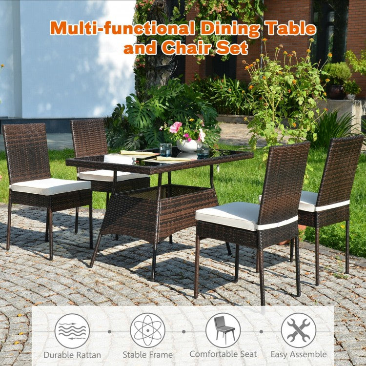 5 Pieces Outdaoor Patio Rattan Dining Set with Glass Top with Cushions