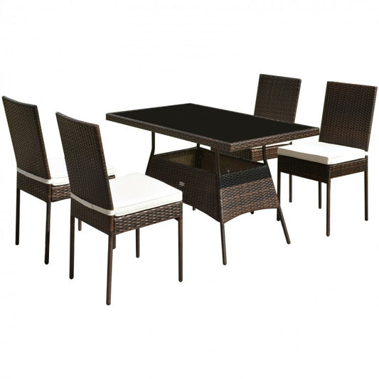 5 Pieces Outdaoor Patio Rattan Dining Set with Glass Top with Cushions