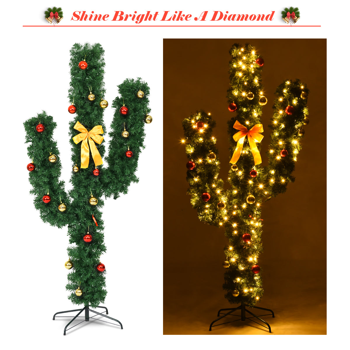 5 Feet Artificial Cactus PVC Christmas Tree with LED Lights and Ball Ornaments-5 ft