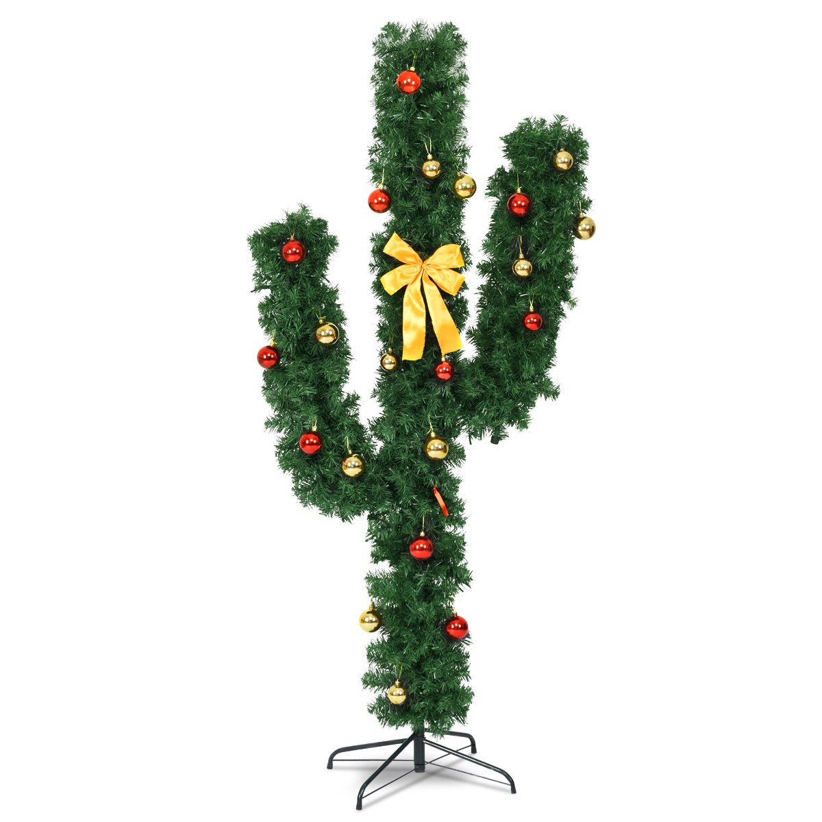 5 Feet Artificial Cactus PVC Christmas Tree with LED Lights and Ball Ornaments-5 ft