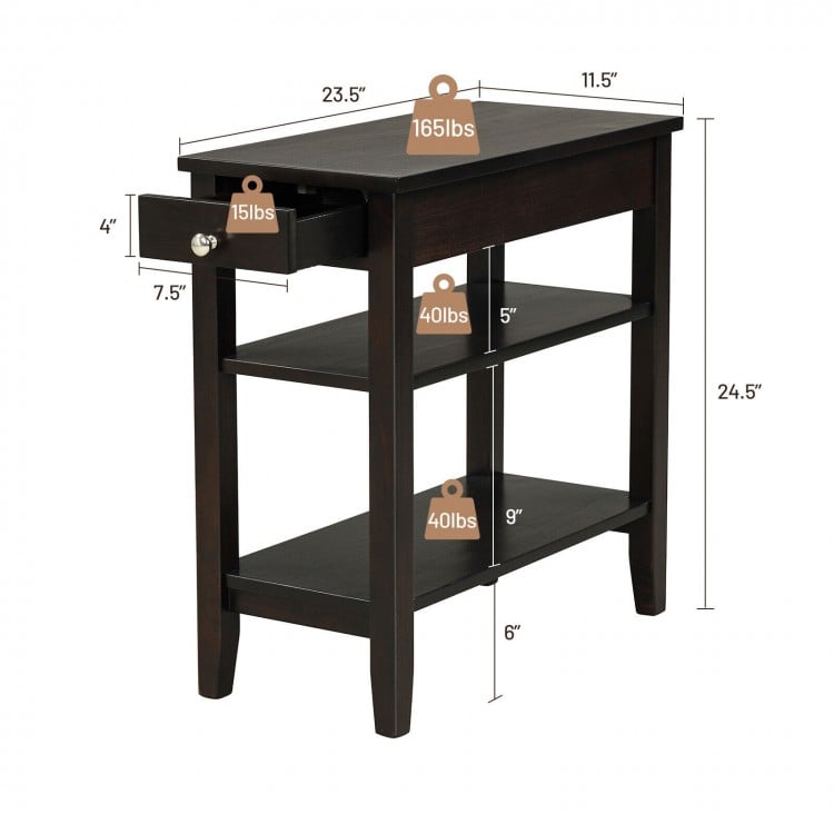 Side End Table with Drawer and 2-Tier Open Storage Shelves for Space Saving