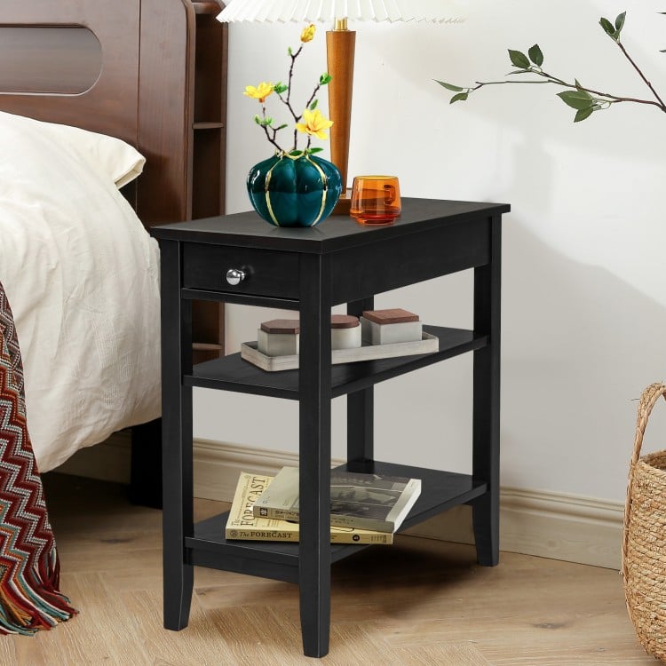 Side End Table with Drawer and 2-Tier Open Storage Shelves for Space Saving