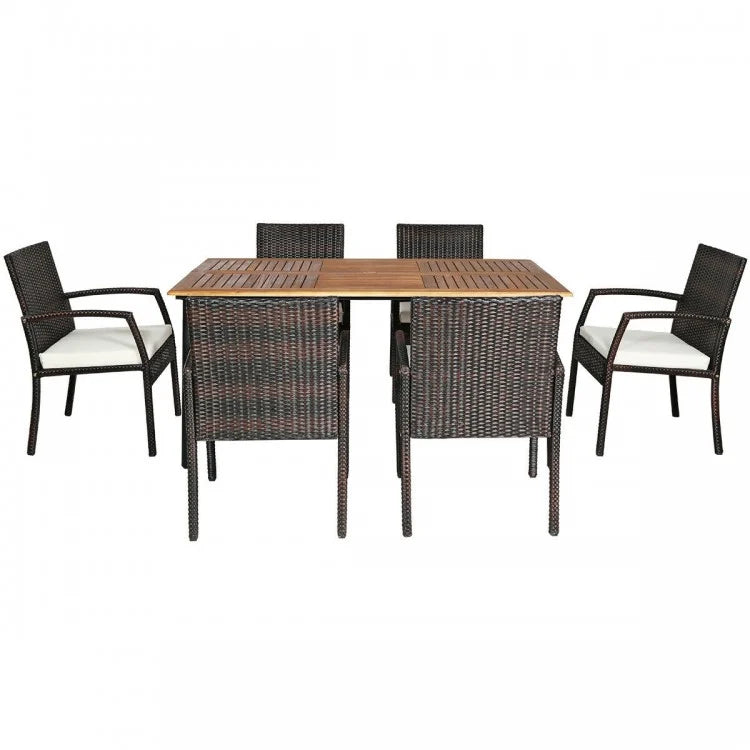 7Pcs Patio Rattan Cushioned Dining Set with Umbrella Hole