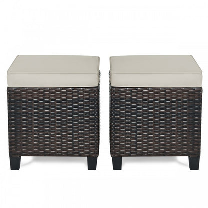 2 Pcs Patio Rattan Ottoman Cushioned Seat Foot Rest-Light Gray