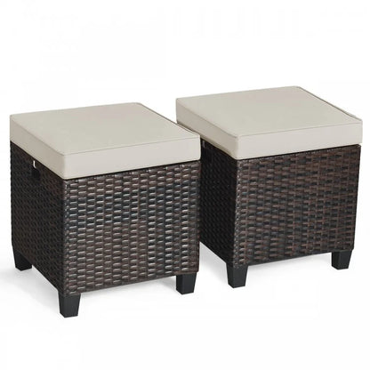 2 Pcs Patio Rattan Ottoman Cushioned Seat Foot Rest-Light Gray